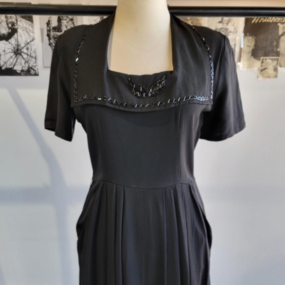 Vintage 1940s Black Rayon Dress with beaded Collar | Size Medium - Picture 1 of 7